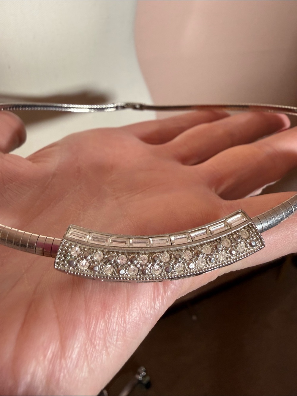 Avon Vintage silver tone omega chain art deco rhinestone Necklace 16 inches